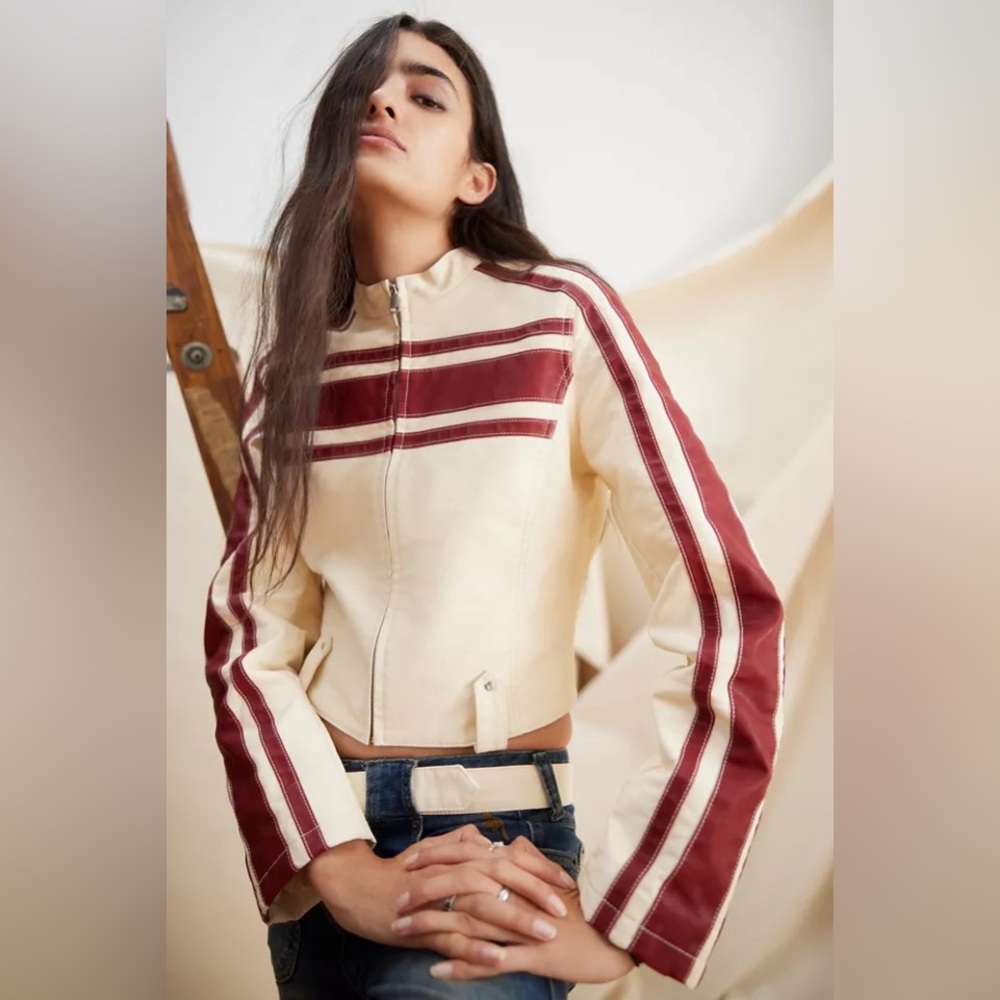 Urban Outfitters red cream leather moto jacket